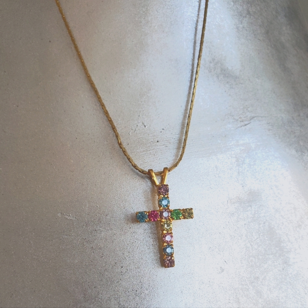 💝Gold Multicolor Cross Pendant Necklace NWOT
